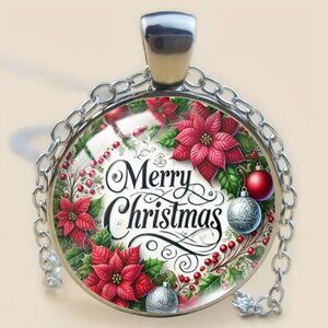 Silver MERRY CHRISTMAS Glass Cabochon Pendant Necklace